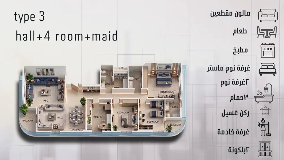 Type 3 — hall + 4 rooms + maid's room